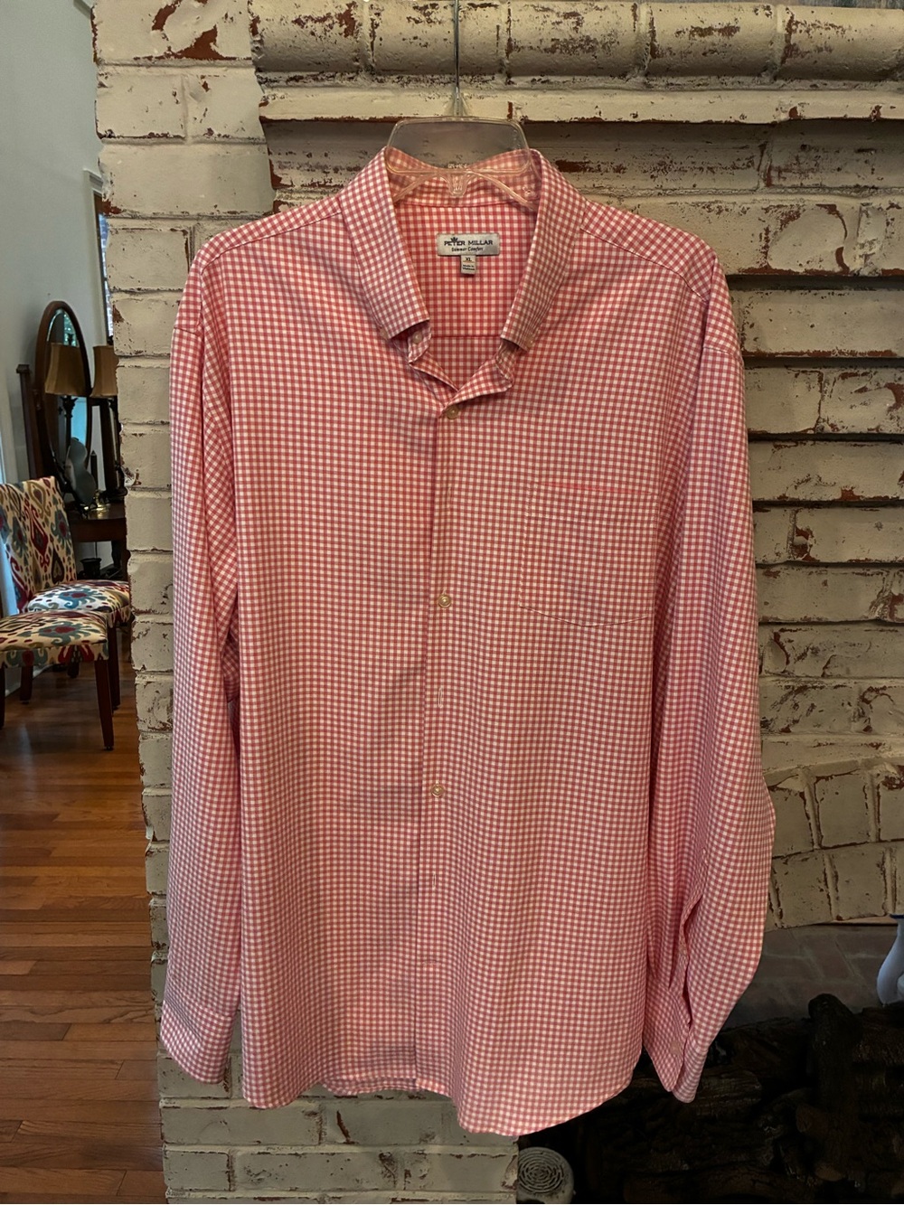 Peter Millar Pink Gingham Long-Sleeve Button-Down Performance Shirt